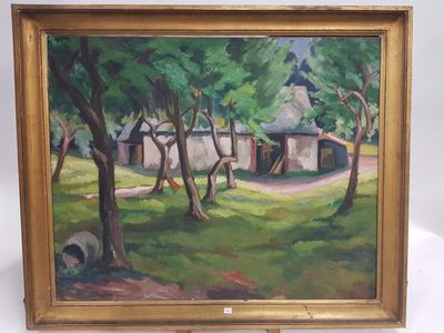 une image d'une peinture d'une maison dans les bois