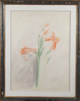 tableau représentant des fleurs orange dans un vase en verre posé sur une table
