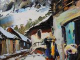 an oil painting of a man and a woman walking down a snow covered street