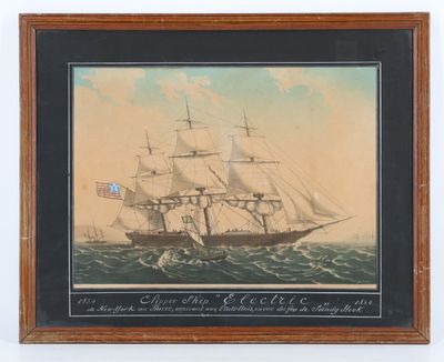 une vieille peinture représentant un navire en mer, arborant un drapeau