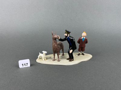 two figurines of a man with a dog and a man with a hat
