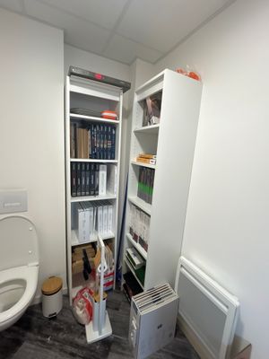 une salle de bains équipée de toilettes et d'une étagère à livres