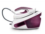 a white and purple steam iron sitting on top of a white surface
