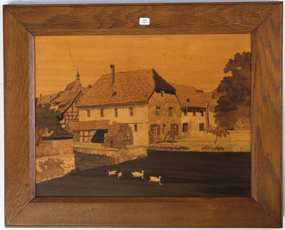 une image représentant un tableau illustrant une scène de vie à la ferme, dans un cadre en bois