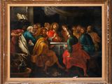 an oil painting of a group of people sitting around a table