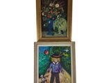 two paintings of a man with a hat and flowers in a vase