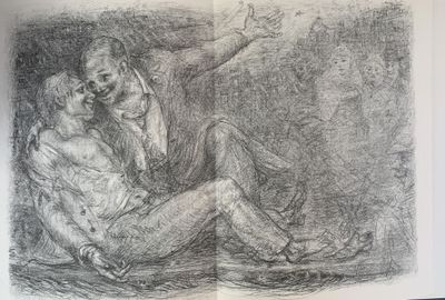 un dessin représentant un homme et une femme assis par terre