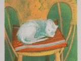 a drawing of a white cat sleeping on a chair