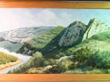 une peinture représentant une scène de montagne avec une rivière au premier plan