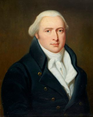 portrait d'un homme vêtu d'un manteau bleu et d'une chemise blanche