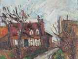 an oil painting of a house and a road in a rural area