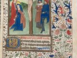 an old book with a painting of jesus on the cross