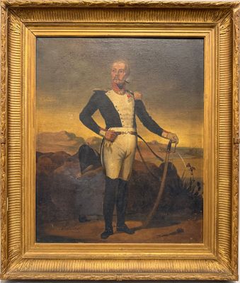 un vieux tableau représentant un homme en uniforme tenant une canne