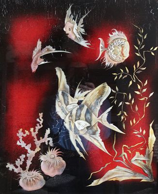 a picture of a painting of a fish and sea life