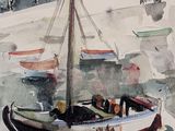 a painting of a boat in the water with a city in the background