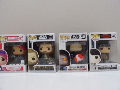 three funko pop vinyl figures are lined up in a row