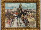 an oil painting of a horse and rider in a mountainous landscape