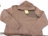 brown hooded sweatshirt with a tag on it sitting on top of a bed