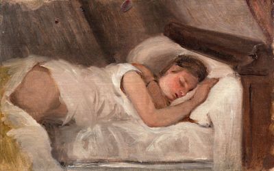 un tableau représentant une femme endormie dans un lit