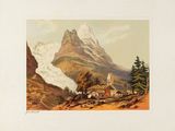 an old painting of a mountain scene with a church in the foreground and a mountain in the background