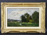 une peinture d'un paysage avec des arbres et une rivière au premier plan