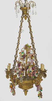 an image of a chandelier hanging from a ceiling with birds and flowers on it