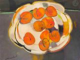 un tableau représentant une assiette d'oranges posée sur une table