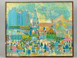 une peinture à l'huile représentant une ville où il y a beaucoup de monde