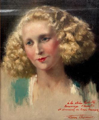 painting of a woman with blonde hair and blue eyes in a white dress