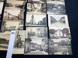 several old black and white photographs of buildings and a clock