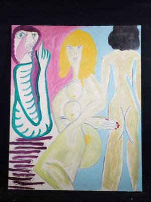 un tableau représentant deux femmes assises l'une à côté de l'autre