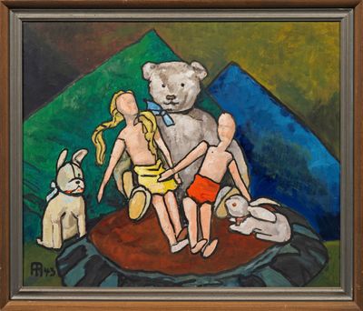 un tableau représentant deux enfants et un ours en peluche