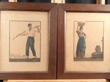 deux photos encadrées représentant un homme tenant un bâton et une femme portant un panier