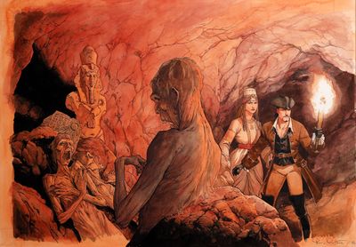 tableau représentant un groupe de personnes dans une grotte, parmi lesquelles un homme tenant une torche