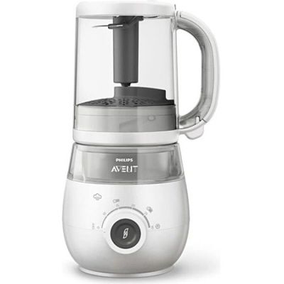 the small blender is silver and has a black handle