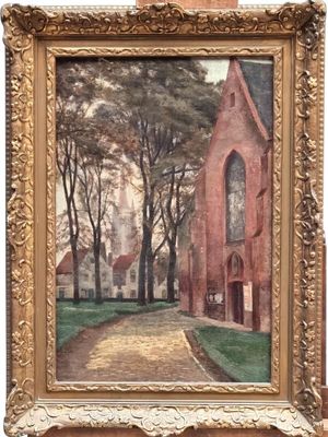 an image of a painting of a church in a park