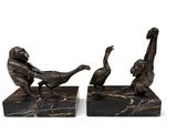 pair of bronze bookends of birds on marble bases
