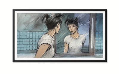 un dessin représentant un homme qui se regarde dans le miroir