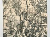 an old black and white drawing of a group of people in a wooded area