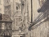 a drawing of a street scene with buildings in the background
