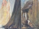 a painting of a sailboat in the water near a building