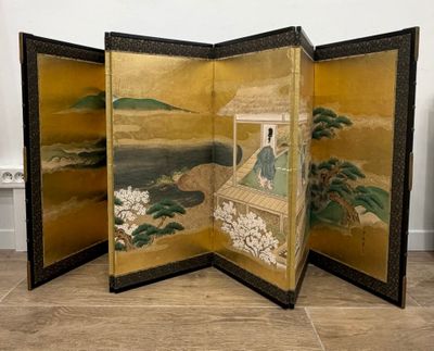 three paneled screen with a painting of a man and a dog