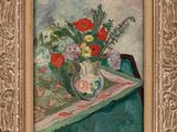 une peinture à l'huile représentant un vase de fleurs sur une table