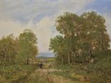 un tableau représentant une personne marchant sur un chemin de terre