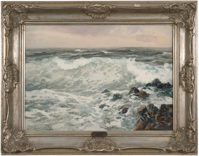 an image of a painting of waves coming in to the shore