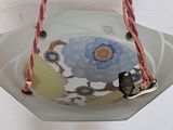 a glass bowl with a flower design on it hanging on a wall