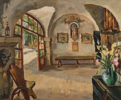 a painting of a living room with a fireplace and a painting of a woman