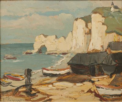 a painting of boats on the beach by the water