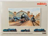 a picture of a painting of a train at a station