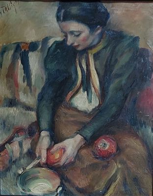 un tableau représentant une femme assise sur un canapé en train de couper des pommes